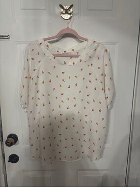 White Short-Sleeve Blouse with Pink and Orange Ice Cream Print